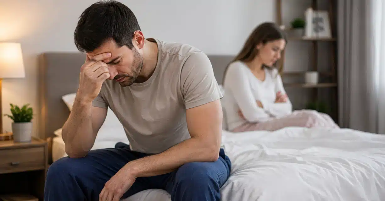 Stressed man with delayed ejaculation beside frustrated partner
