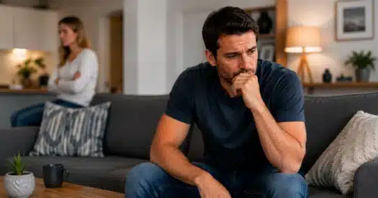 Thoughtful man with partner in background
