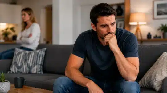 Thoughtful man with partner in background