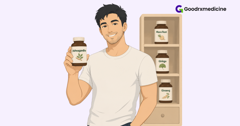 Man holding ashwagandha supplement bottle for sexual wellness