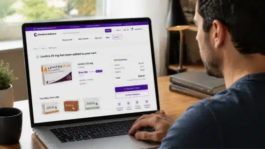 Man buying Levitra 20 mg online through pharmacy checkout page
