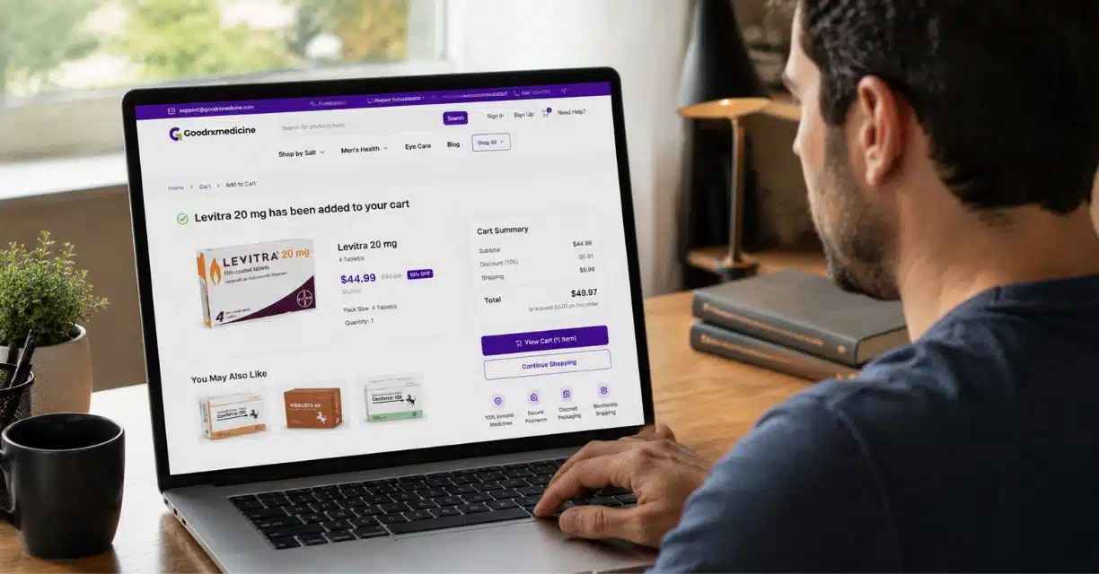 Man buying Levitra 20 mg online through pharmacy checkout page