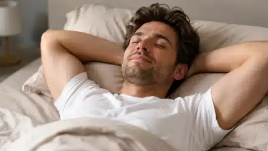 Relaxed man resting in bed