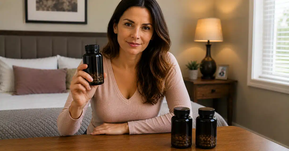 Woman holding female libido supplement bottle beside other supplements