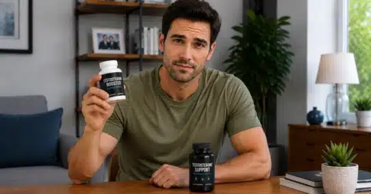 Man holding testosterone supplement while considering safety and side effects