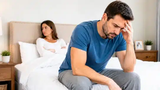Distressed man with low sex drive beside frustrated partner