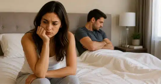 Worried woman beside distant boyfriend with reduced sexual interest