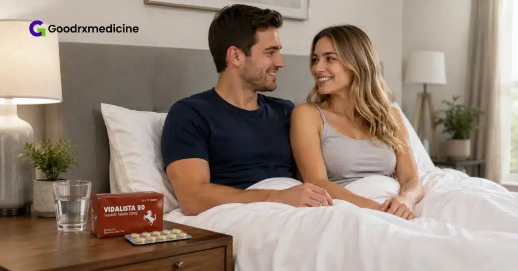 Happy couple in bed with Vidalista tablets ready for use