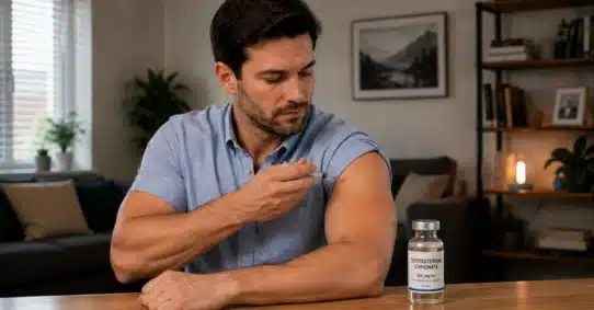 Man considering testosterone steroid use beside injectable vial