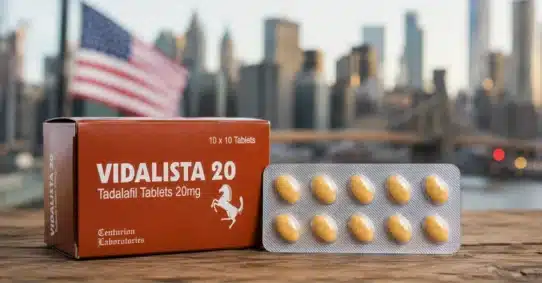 Vidalista 20 box and tablets displayed with USA background