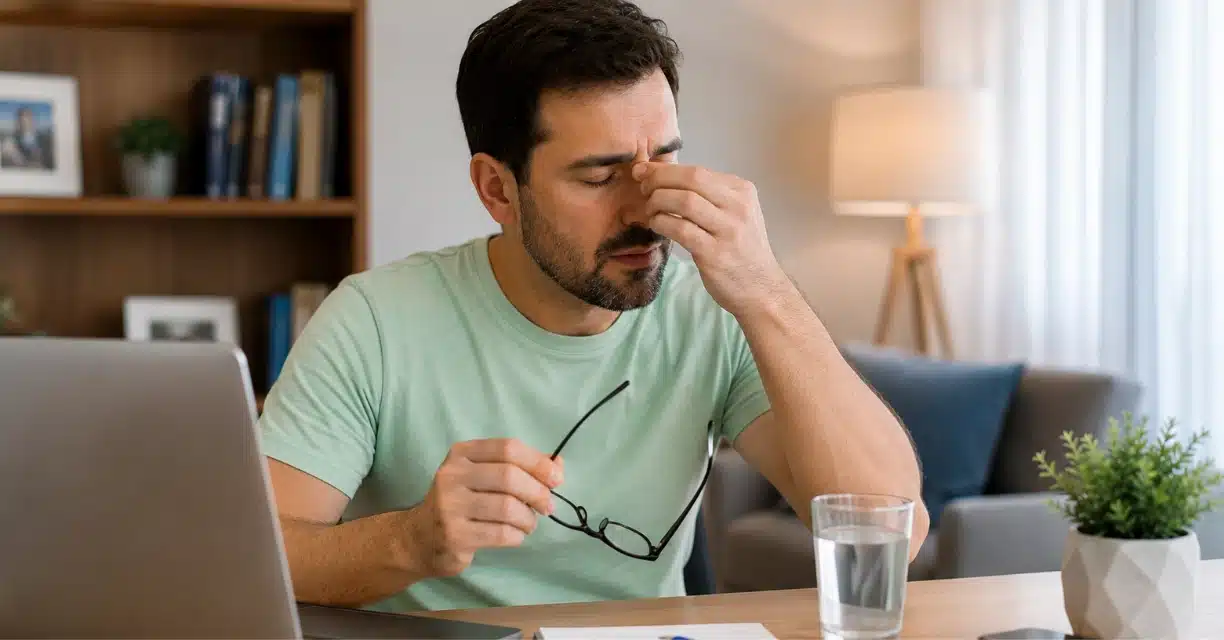 Man rubbing dry eyes beside water and laptop