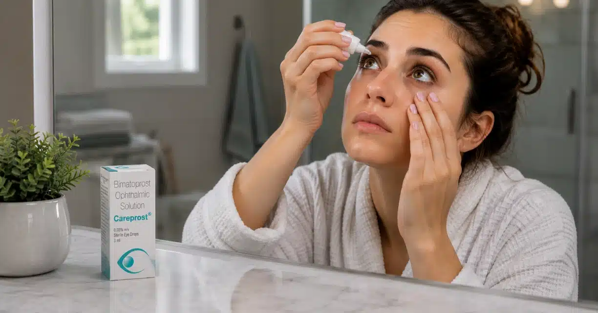 Woman applying Careprost eye drops while checking eye color