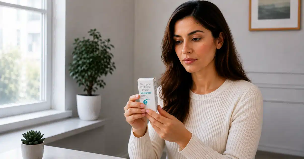 Woman checking Careprost package for expiration and shelf life