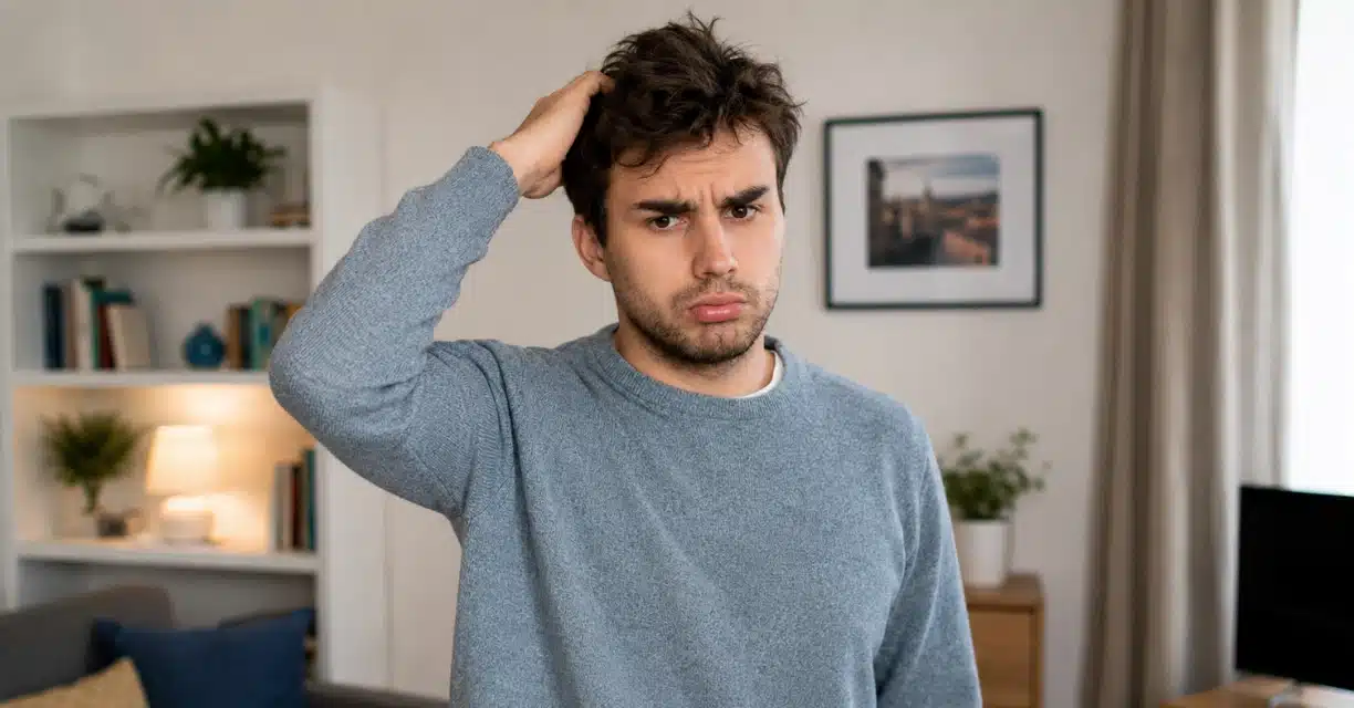 Confused man considering whether edging affects testosterone levels