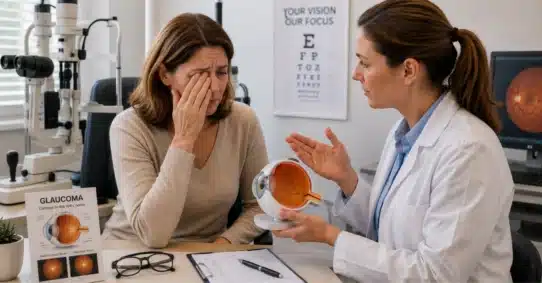 Doctor explaining glaucoma-related eye pain to female patient