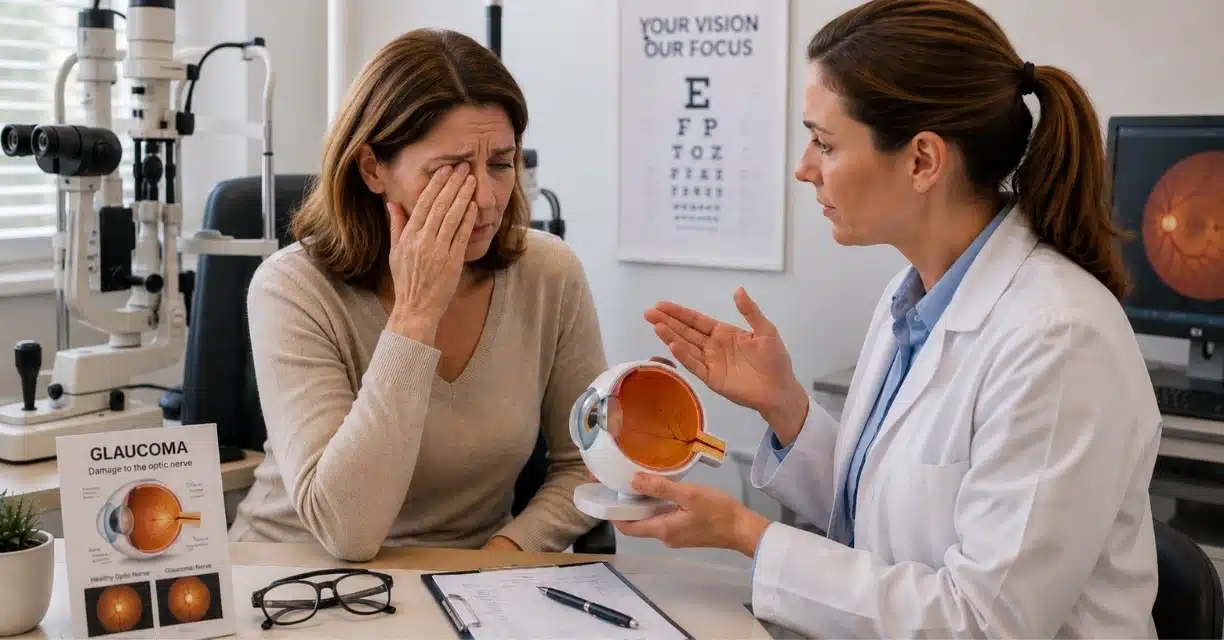 Doctor explaining glaucoma-related eye pain to female patient