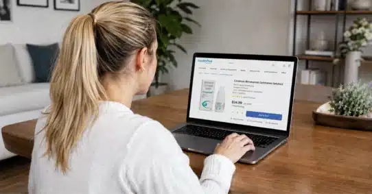 Woman buying Bimatoprost online from pharmacy website on laptop