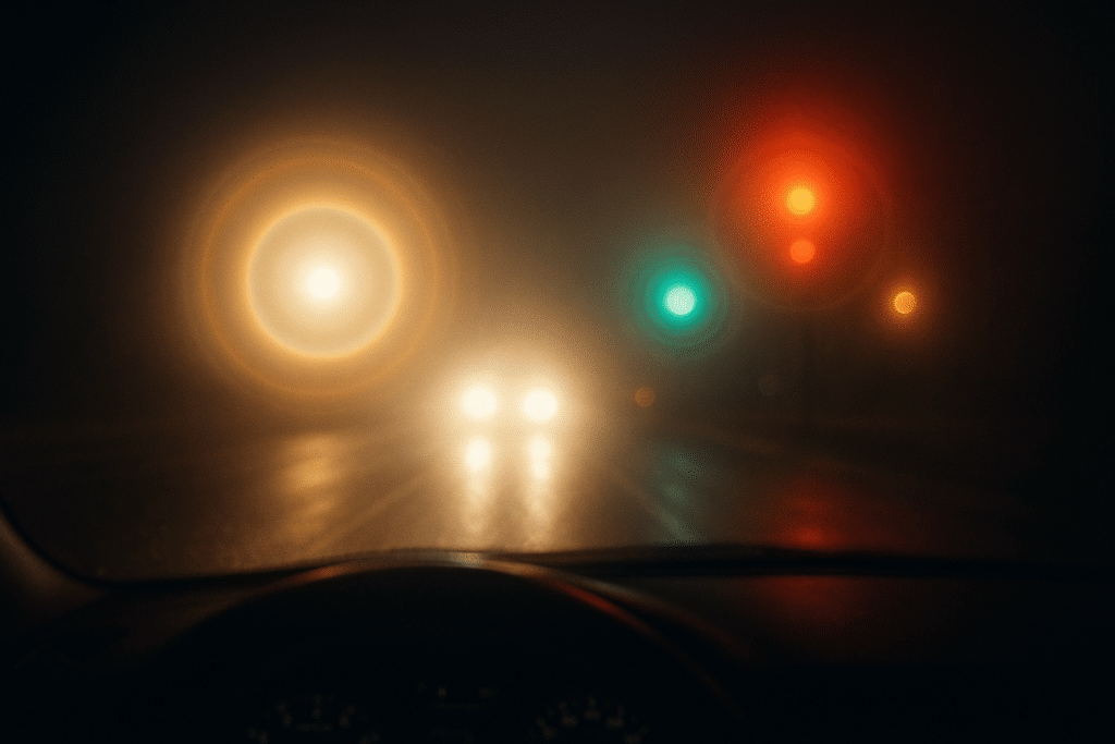 Driving at night, with bright rings around traffic lights or headlights.