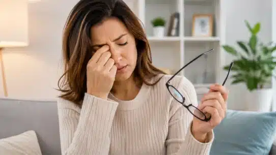 Woman with dry eye symptoms removing contact lens at home