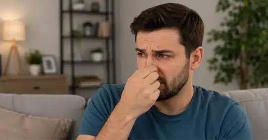 Man questioning whether flatulence can cause pink eye