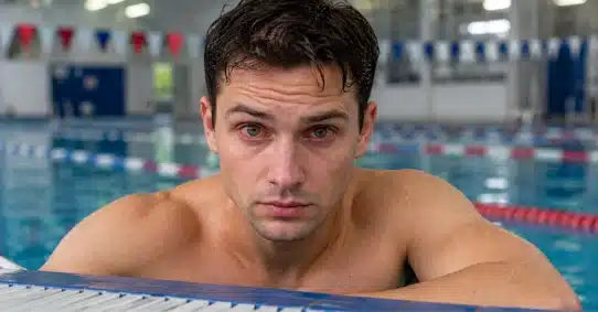 Swimmer with red irritated eye after swimming with pink eye