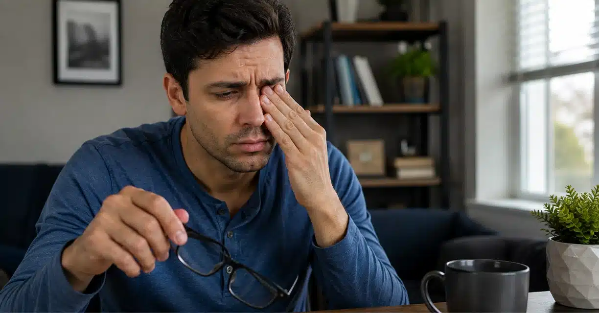 Man rubbing blurred eye while dealing with uveitis