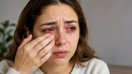 Woman rubbing red itchy eye from possible pink eye