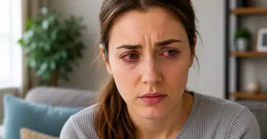 Woman with painful red pink eye and swelling
