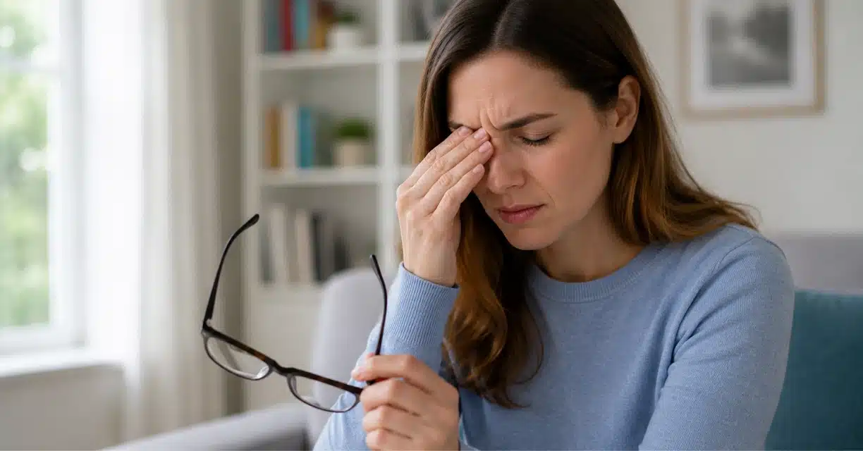 Woman holding glasses and rubbing painful eye at home