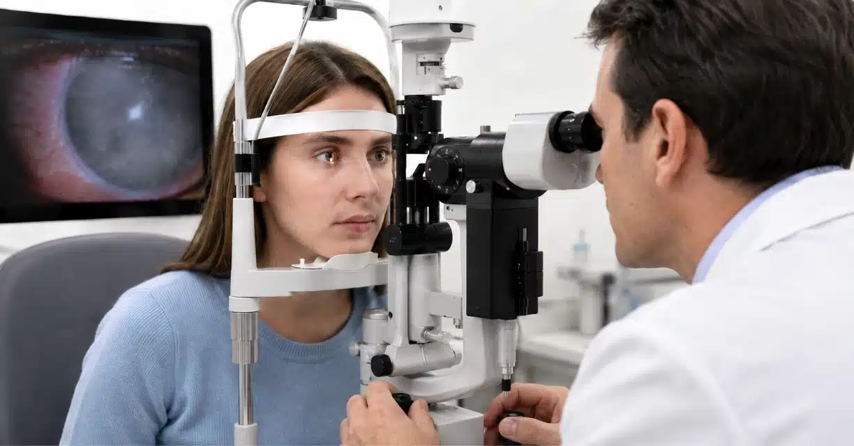 Eye doctor examining patient for diffuse lamellar keratitis
