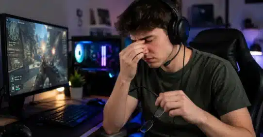 Gamer rubbing strained eyes during long video game session