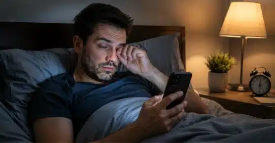 Tired man rubbing strained eyes after poor sleep