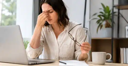 Woman with eye strain and dizziness holding glasses