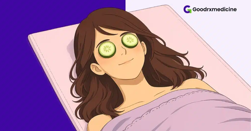 Woman relaxing with cucumbers on her eyes as a home remedy