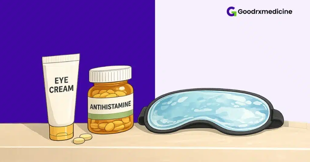 Bathroom shelf with eye cream and cooling eye mask