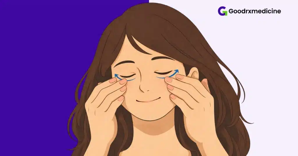 Hands gently massaging under the eyes in upward strokes