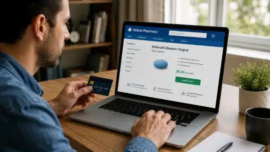 Man purchasing generic Viagra online through a pharmacy website checkout page