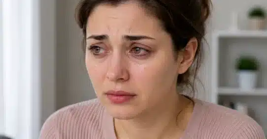 Woman with watery irritated eyes from excessive tearing