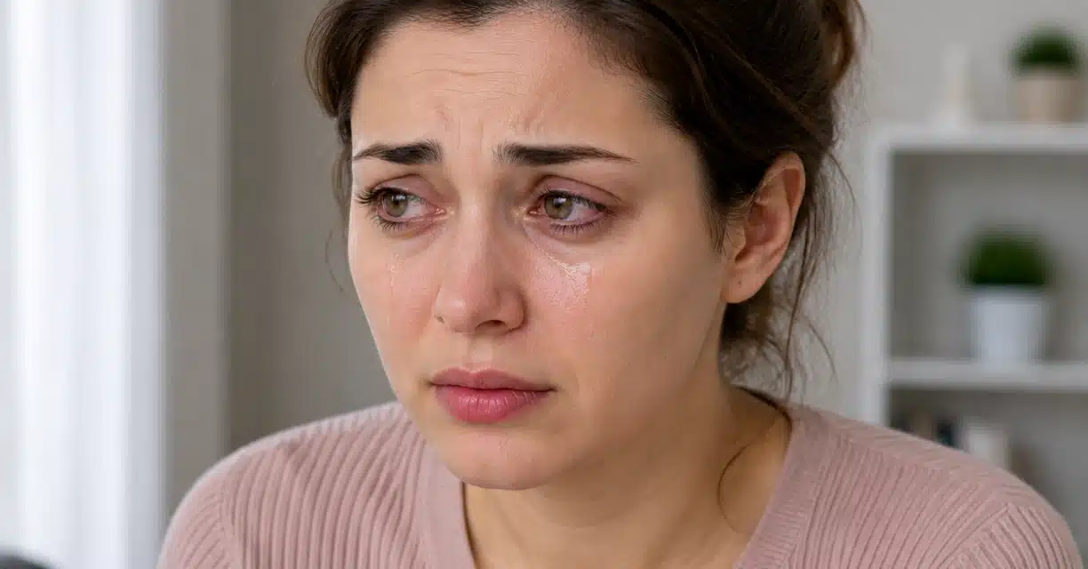 Woman with watery irritated eyes from excessive tearing