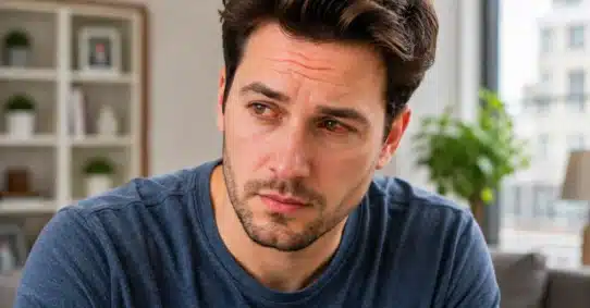 Man with visibly red irritated eyes needing clearer vision