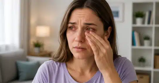 Woman rubbing red allergic eye with visible irritation