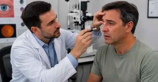 Eye doctor assessing watery eyes for possible cancer warning signs