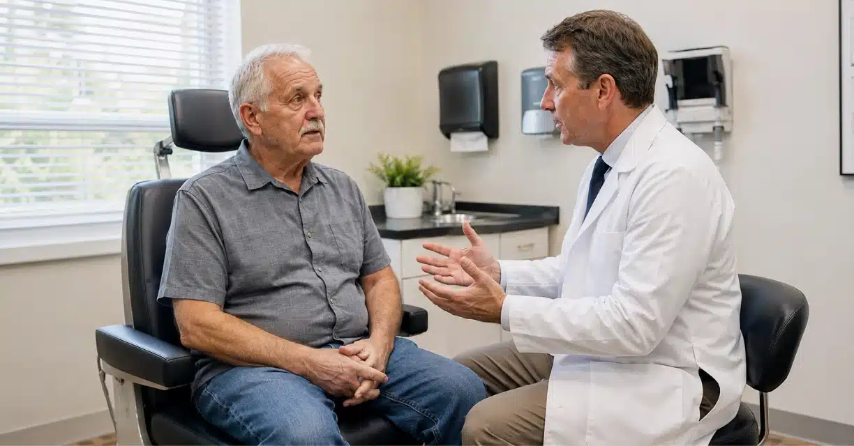 Older man consulting doctor about ideal cataract surgery age