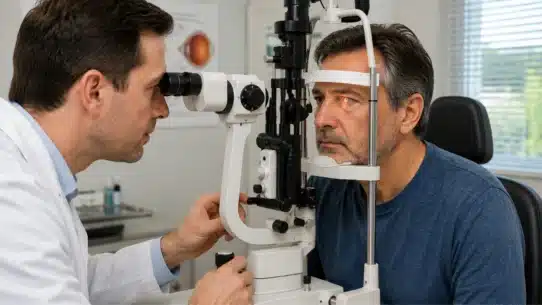 Eye doctor examining man for cataract-related vision loss