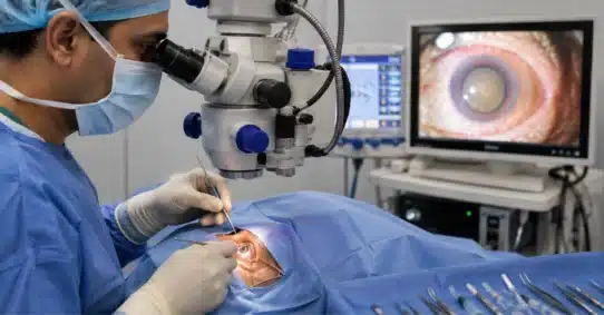Surgeon performing intracapsular cataract extraction under microscope