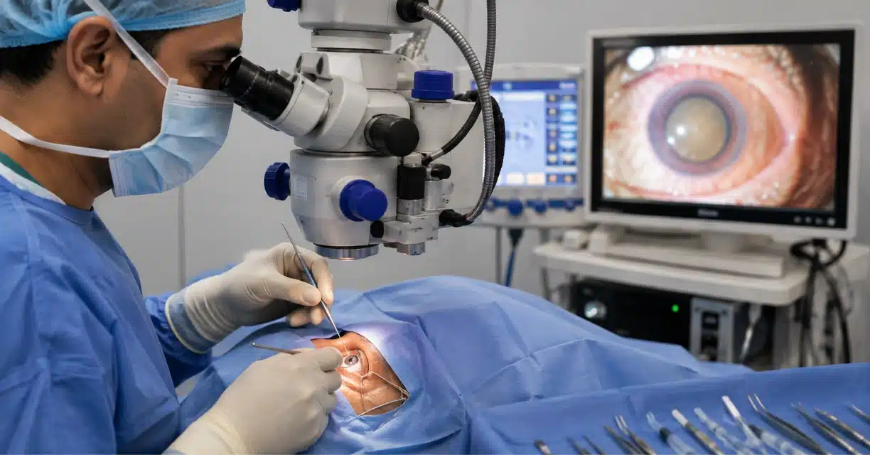 Surgeon performing intracapsular cataract extraction under microscope