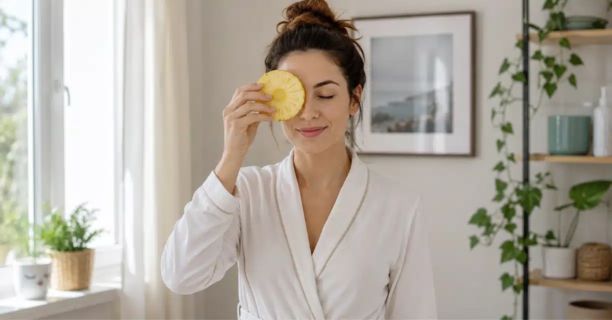 Woman using pineapple slice while exploring eye floater benefits