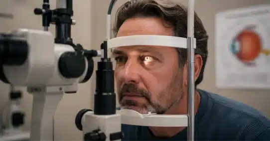 Eye doctor examining patient for secondary cataract symptoms