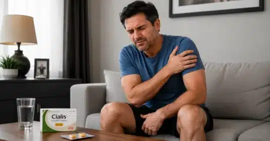 Man experiencing shoulder pain after taking Cialis tablets