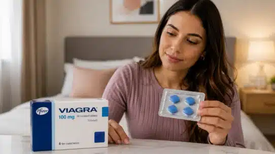 Woman holding Viagra tablets while exploring female Viagra options
